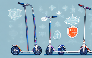 A few different types of light motor scooters with various insurance protection symbols like shields and padlocks hovering above them