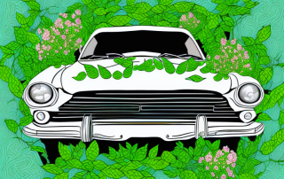 An abandoned car being enveloped by green vines and flowers