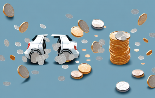Two cars involved in a rear-end collision with scattered coins around to symbolize the costs involved