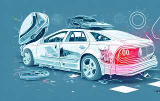 A rear-end car collision with broken tail lights and visible legal scales in the background to symbolize the legal consequences