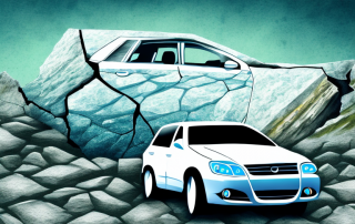 A car with a cracked windshield parked near a rocky mountain cliff