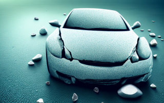 A car with visible dents and cracks from a hailstorm