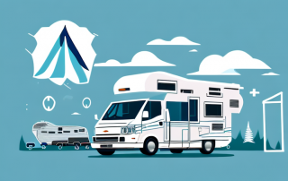A motorhome parked in a scenic location with insurance-related symbols like a protective shield and calculator subtly incorporated into the landscape