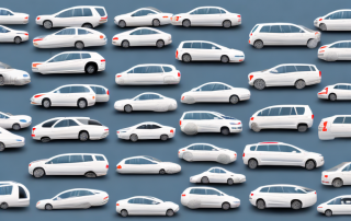 Several different types of company cars parked in a row