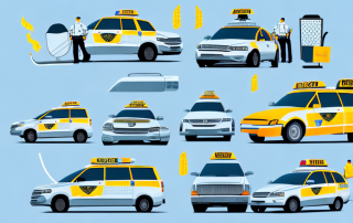 Several different types of service vehicles like a taxi