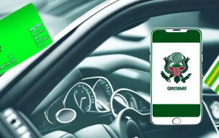 A car crossing over a border with a green insurance card visibly displayed on the dashboard