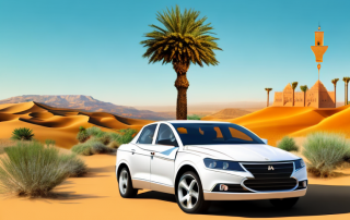 A car with a moroccan landscape in the background