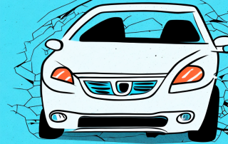 A car with visible damage parked on the side of the road
