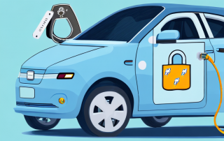 An electric car with a large insurance policy tag hanging from the rearview mirror