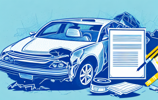A car crash scene with a visible insurance policy document in the foreground
