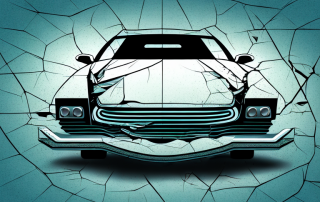A wrecked car with a cracked windshield and dented body