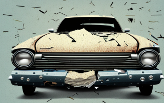 A damaged car with a "for sale" sign on it