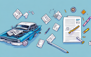 A wrecked car with insurance documents and a pen nearby