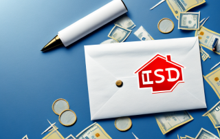 A closed insurance policy envelope with a house and a euro symbol in the background