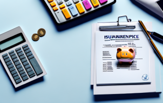 An insurance policy document next to a calculator displaying a sum