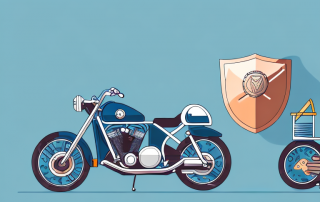 A motorcycle parked next to a stack of coins and a shield