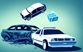 A crashed car at a deserted intersection with a fleeing car in the distance