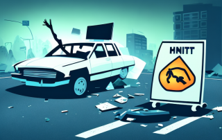 A crashed car on the side of a road with a broken traffic sign nearby