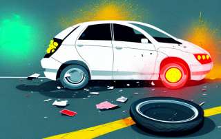 A damaged car at a traffic light scene with tire tracks leading away