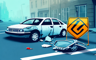 A crashed car with visible damage parked on the side of an empty street