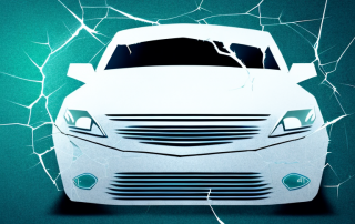 A car with a cracked windshield and dented body
