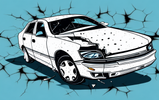 A damaged car at a roadside with skid marks on the road