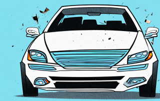 A damaged car with a broken mirror and dented door