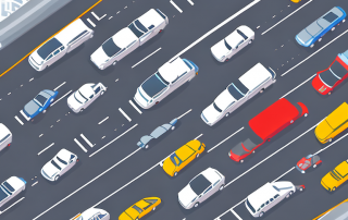 A traffic scene with various vehicles and traffic signs