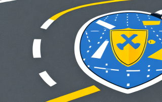 A car with insurance protection symbols like shields and safety nets surrounding it
