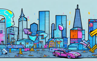 A cityscape with a few buildings marked with graffiti