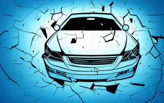 A damaged car with visible signs of vandalism