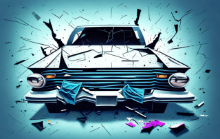 A damaged car parked under a dimly lit streetlight