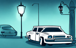 A car parked under a streetlight at night
