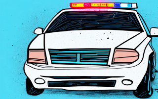 A police car parked in a street with visible signs of vandalism