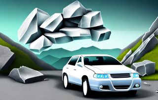 A car with a cracked windshield due to a falling rock