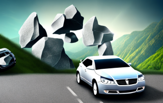 A car with a cracked windshield due to a falling stone