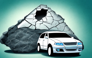 A car with a cracked windshield due to a rockfall