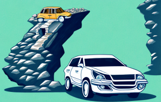 A car parked under a cliff with falling rocks