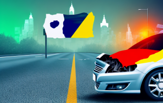 A crashed car on a foreign road with a traffic light and different country flags in the background