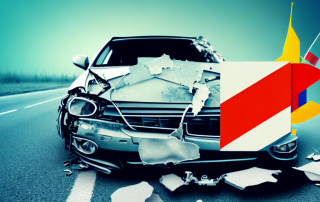 A crashed car on a foreign road with different country flags and a scale of justice in the background