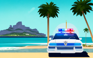 A police car with the distinctive blue siren lights amidst the iconic landscape of mallorca