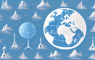 A globe with various iconic landmarks (like the eiffel tower