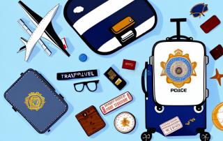 A travel police badge next to a suitcase and a globe