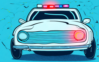 A crashed car at the roadside with flashing police lights in the background