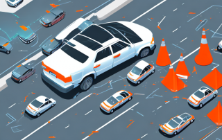 A crashed car on the side of the road with hazard lights flashing