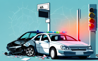 A car accident scene with a broken traffic light