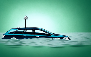 A car submerged halfway in floodwater
