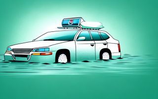 A car partially submerged in floodwater