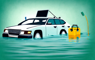 A car partially submerged in flood water with visible damages