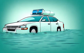 A car partially submerged in flood water with a protective shield around it